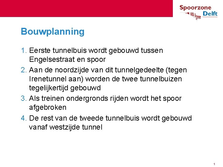 Bouwplanning 1. Eerste tunnelbuis wordt gebouwd tussen Engelsestraat en spoor 2. Aan de noordzijde