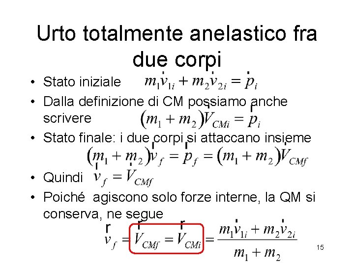 Urto totalmente anelastico fra due corpi • Stato iniziale • Dalla definizione di CM