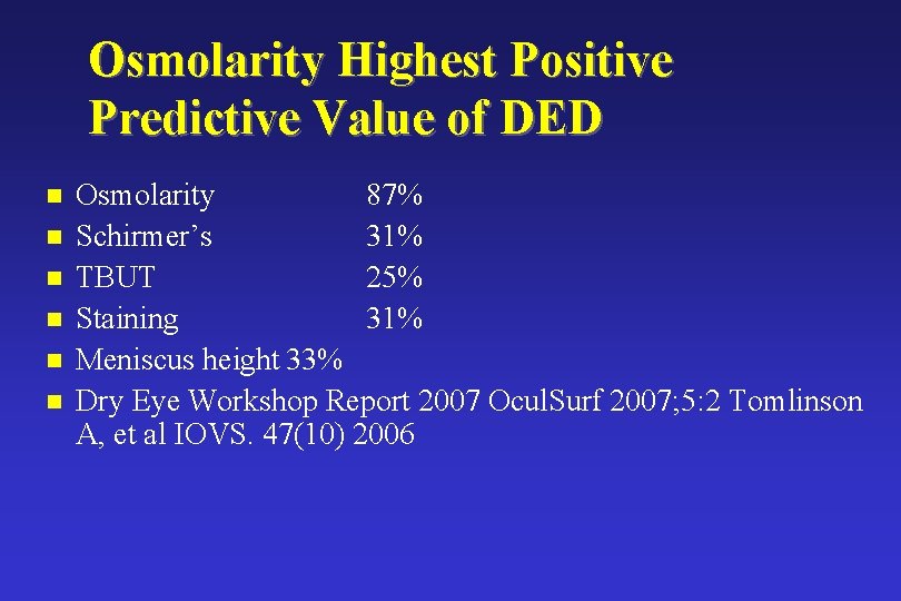 Osmolarity Highest Positive Predictive Value of DED n n n Osmolarity 87% Schirmer’s 31% Osmolarity Highest Positive Predictive Value of DED n n n Osmolarity 87% Schirmer’s 31%