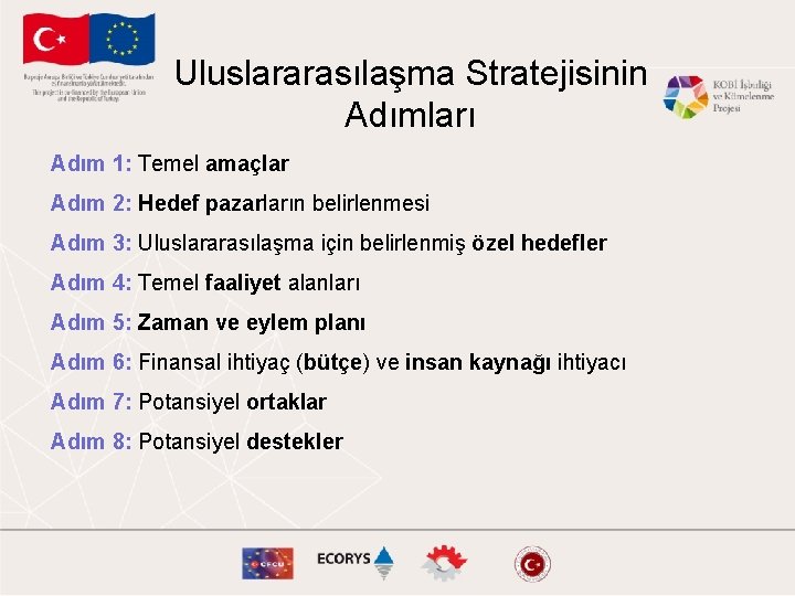 Uluslararasılaşma Stratejisinin Adımları Adım 1: Temel amaçlar Adım 2: Hedef pazarların belirlenmesi Adım 3: