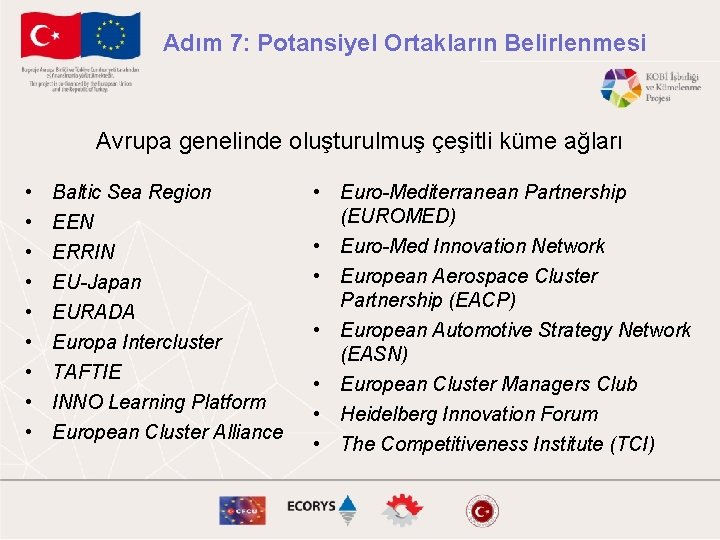 Adım 7: Potansiyel Ortakların Belirlenmesi Avrupa genelinde oluşturulmuş çeşitli küme ağları • • •