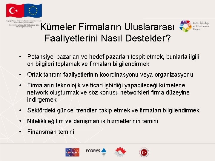 Kümeler Firmaların Uluslararası Faaliyetlerini Nasıl Destekler? • Potansiyel pazarları ve hedef pazarları tespit etmek,