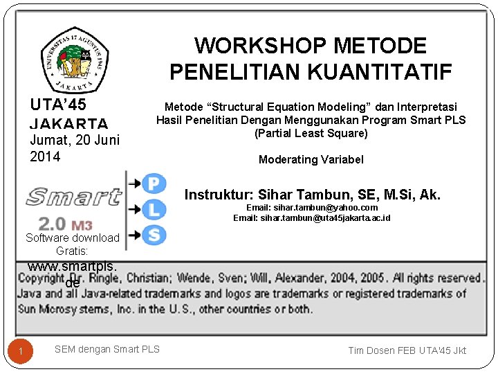 WORKSHOP METODE PENELITIAN KUANTITATIF UTA’ 45 JAKARTA Jumat, 20 Juni 2014 Metode “Structural Equation
