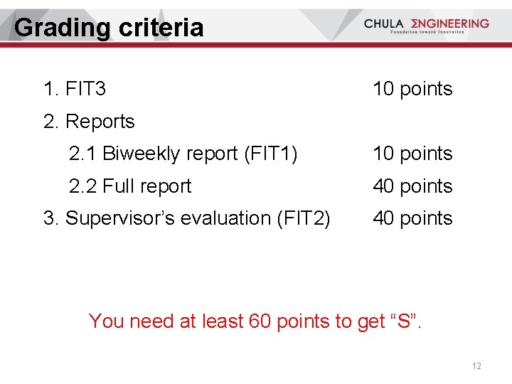 Grading criteria 1. FIT 3 10 points 2. Reports 2. 1 Biweekly report (FIT