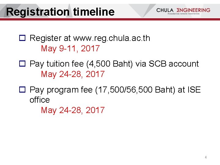 Registration timeline o Register at www. reg. chula. ac. th May 9 -11, 2017