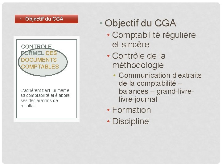  • Objectif du CGA CONTRÔLE FORMEL DES DOCUMENTS COMPTABLES L’adhérent tient lui-même sa