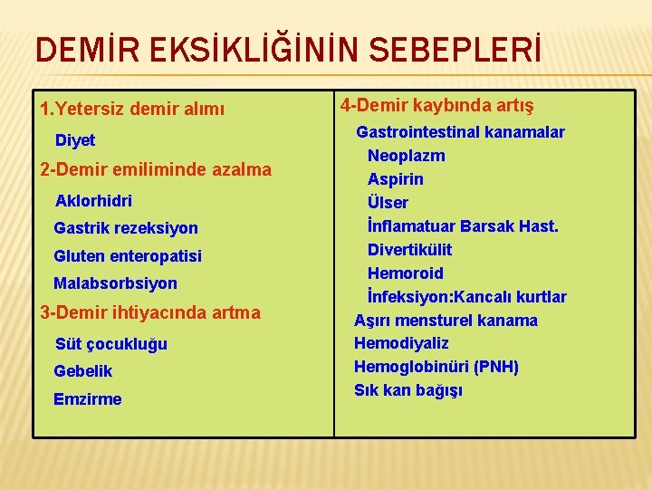 DEMİR EKSİKLİĞİNİN SEBEPLERİ 1. Yetersiz demir alımı Diyet 2 -Demir emiliminde azalma Aklorhidri Gastrik