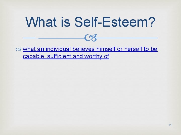 What is Self-Esteem? what an individual believes himself or herself to be capable, sufficient