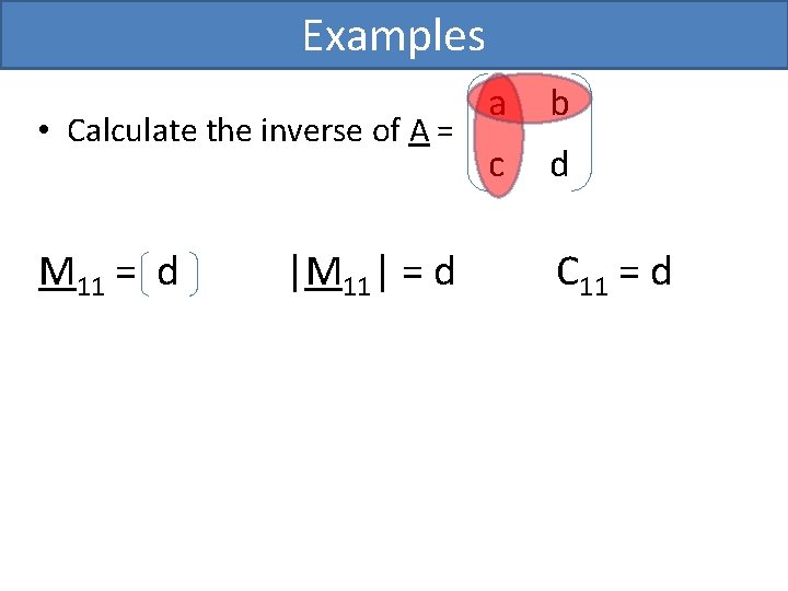 Examples • Calculate the inverse of A = M 11 = d |M 11|