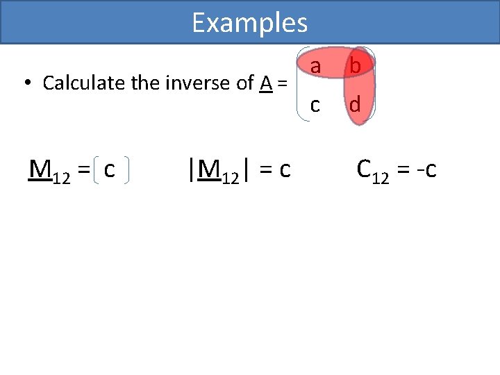 Examples • Calculate the inverse of A = M 12 = c |M 12|