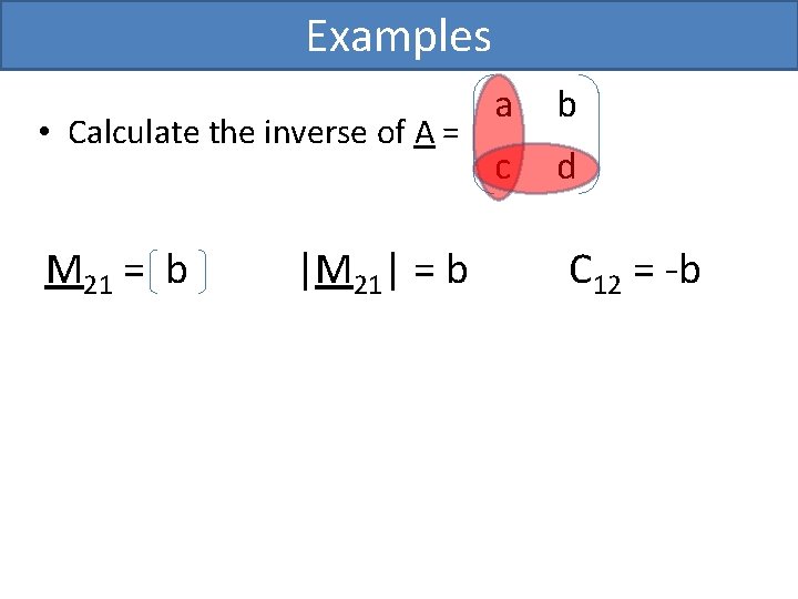 Examples • Calculate the inverse of A = M 21 = b |M 21|