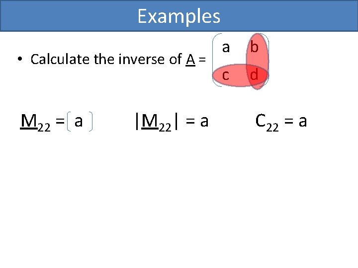 Examples • Calculate the inverse of A = M 22 = a |M 22|