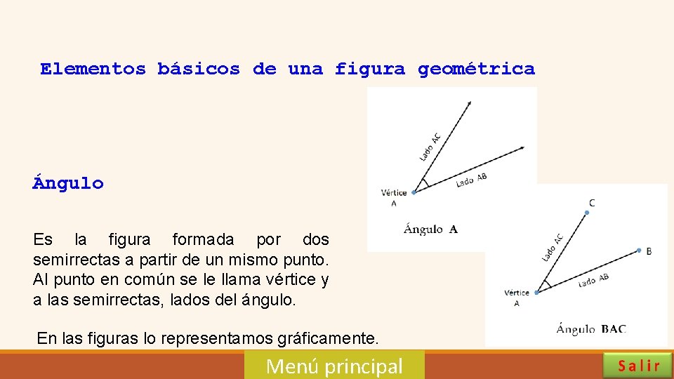 Elementos básicos de una figura geométrica Ángulo Es la figura formada por dos semirrectas