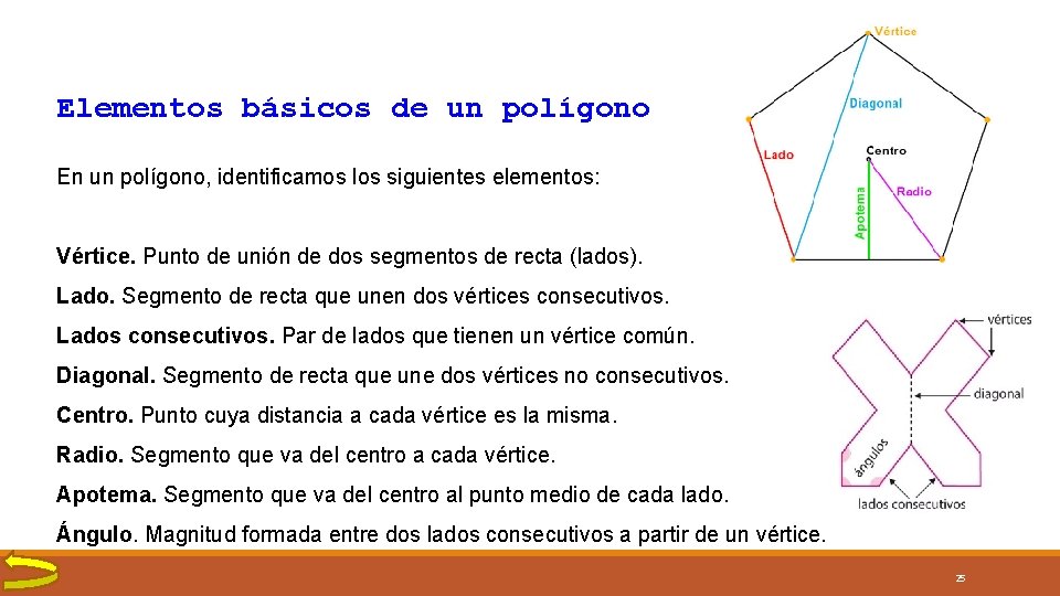 Elementos básicos de un polígono En un polígono, identificamos los siguientes elementos: Vértice. Punto