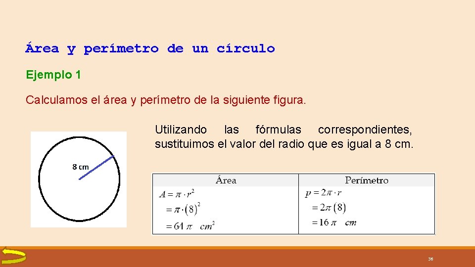 Área y perímetro de un círculo Ejemplo 1 Calculamos el área y perímetro de