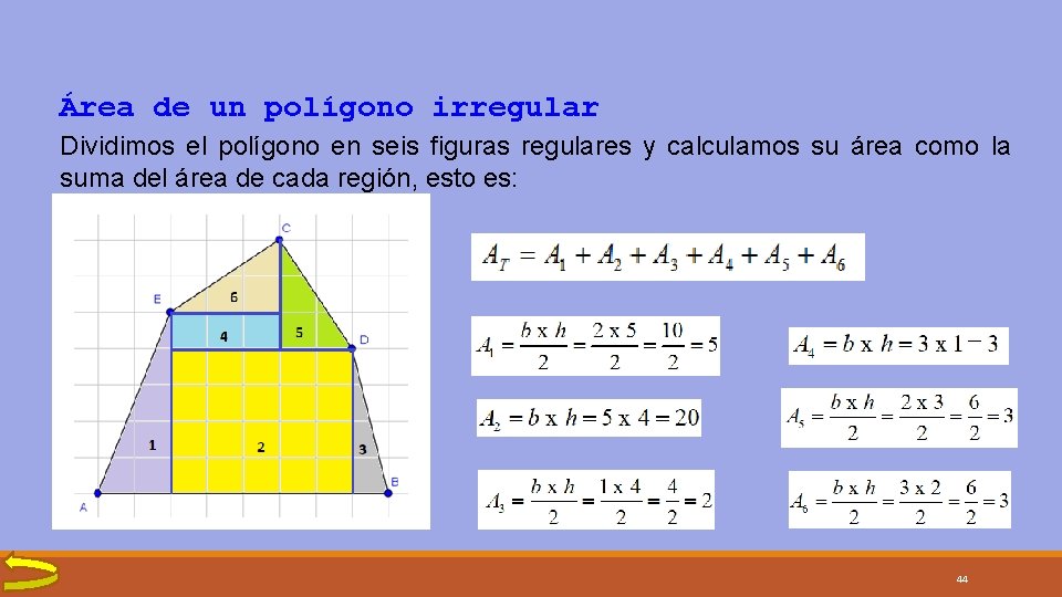 Área de un polígono irregular Dividimos el polígono en seis figuras regulares y calculamos