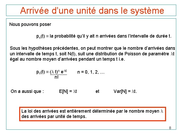  Arrivée d’une unité dans le système Nous pouvons poser pn(t) la probabilité qu’il