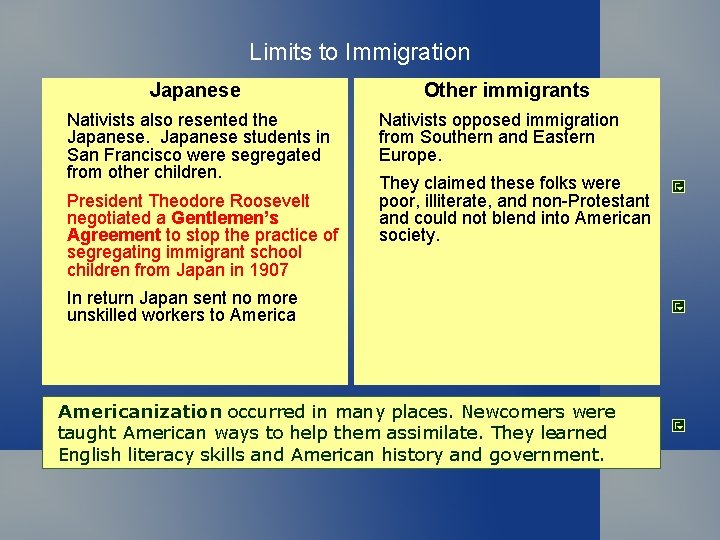 Limits to Immigration Japanese • Nativists also resented the Japanese students in San Francisco