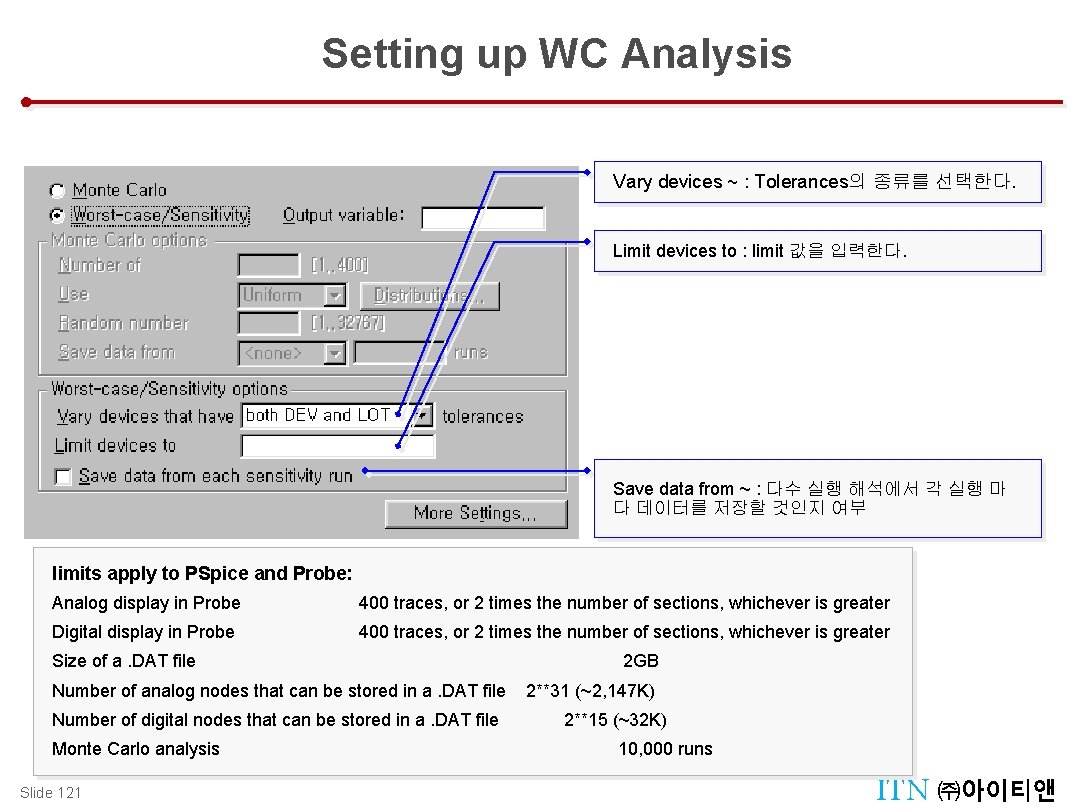 Setting up WC Analysis Vary devices ~ : Tolerances의 종류를 선택한다. Limit devices to