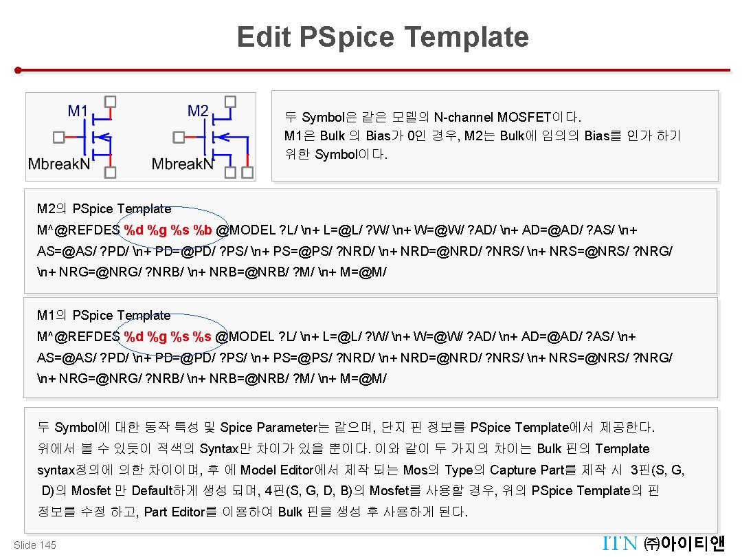 PSpice Template Example Edit PSpice Template 두 Symbol은 같은 모델의 N-channel MOSFET이다. M 1은