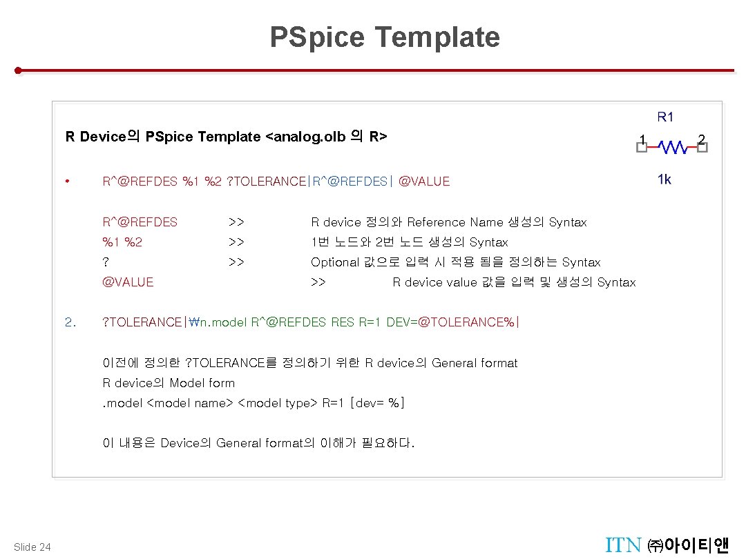 Design Tool Menu : Tool Palettes PSpice Template R Device의 PSpice Template <analog. olb