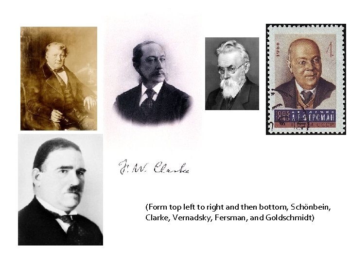 (Form top left to right and then bottom, Schönbein, Clarke, Vernadsky, Fersman, and Goldschmidt)