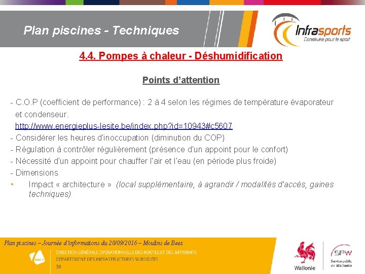 Plan piscines - Techniques 4. 4. Pompes à chaleur - Déshumidification Points d’attention -