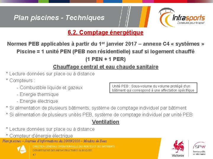 Plan piscines - Techniques 6. 2. Comptage énergétique Normes PEB applicables à partir du