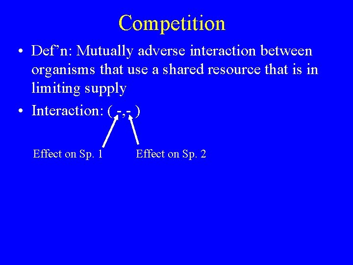 Competition • Def’n: Mutually adverse interaction between organisms that use a shared resource that