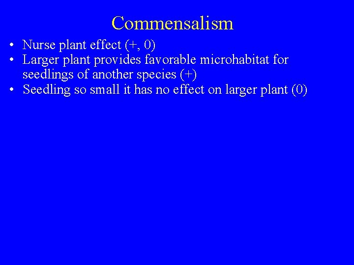 Commensalism • Nurse plant effect (+, 0) • Larger plant provides favorable microhabitat for