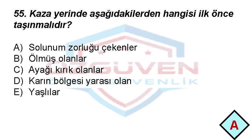 55. Kaza yerinde aşağıdakilerden hangisi ilk önce taşınmalıdır? A) B) C) D) E) Solunum