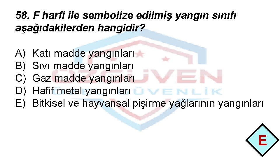 58. F harfi ile sembolize edilmiş yangın sınıfı aşağıdakilerden hangidir? A) B) C) D)