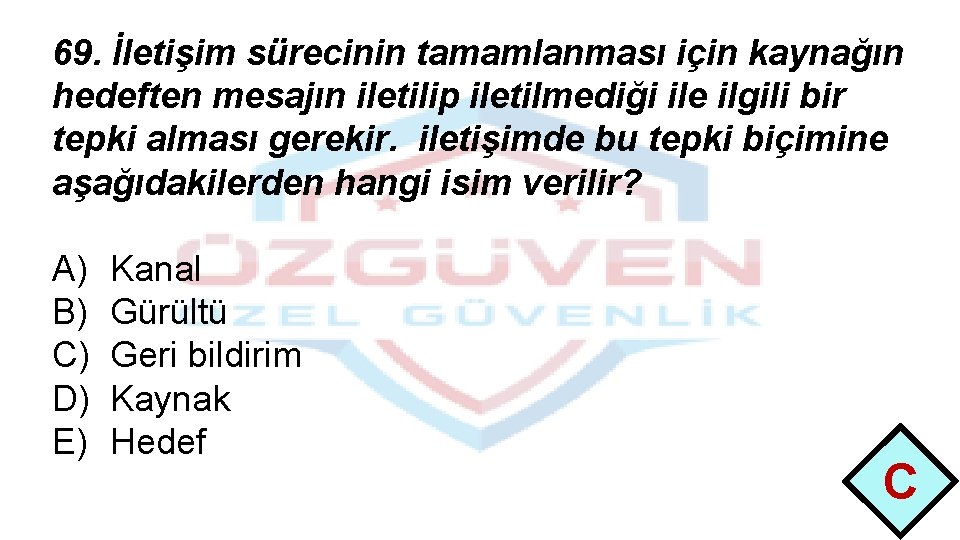 69. İletişim sürecinin tamamlanması için kaynağın hedeften mesajın iletilip iletilmediği ile ilgili bir tepki