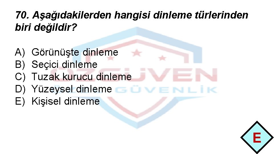 70. Aşağıdakilerden hangisi dinleme türlerinden biri değildir? A) B) C) D) E) Görünüşte dinleme