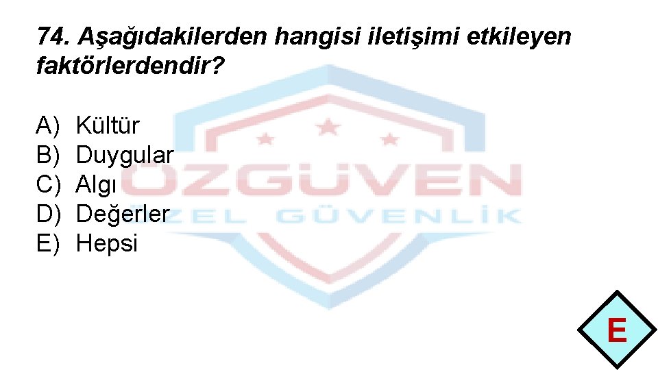 74. Aşağıdakilerden hangisi iletişimi etkileyen faktörlerdendir? A) B) C) D) E) Kültür Duygular Algı