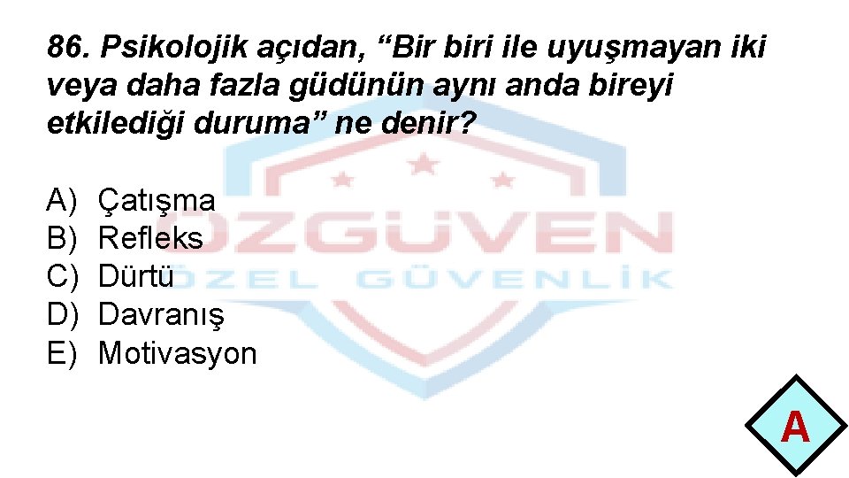 86. Psikolojik açıdan, “Bir biri ile uyuşmayan iki veya daha fazla güdünün aynı anda