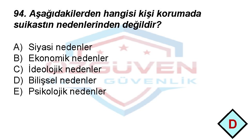 94. Aşağıdakilerden hangisi kişi korumada suikastın nedenlerinden değildir? A) B) C) D) E) Siyasi