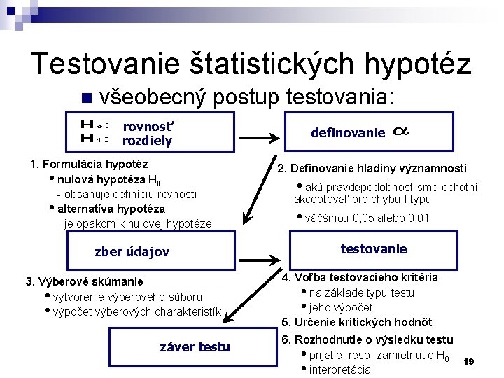 Testovanie štatistických hypotéz n všeobecný postup testovania: rovnosť rozdiely 1. Formulácia hypotéz hnulová hypotéza