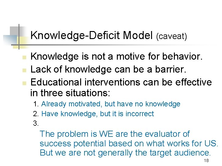 Knowledge-Deficit Model (caveat) n n n Knowledge is not a motive for behavior. Lack