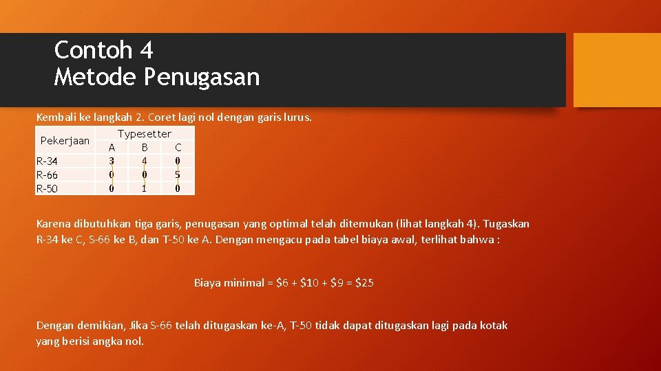 Contoh 4 Metode Penugasan Kembali ke langkah 2. Coret lagi nol dengan garis lurus.