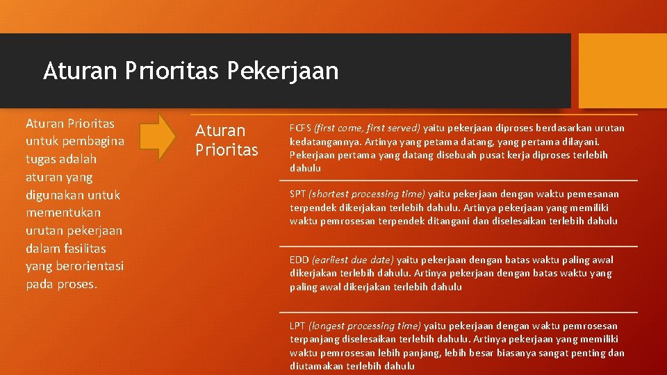 Aturan Prioritas Pekerjaan Aturan Prioritas untuk pembagina tugas adalah aturan yang digunakan untuk mementukan