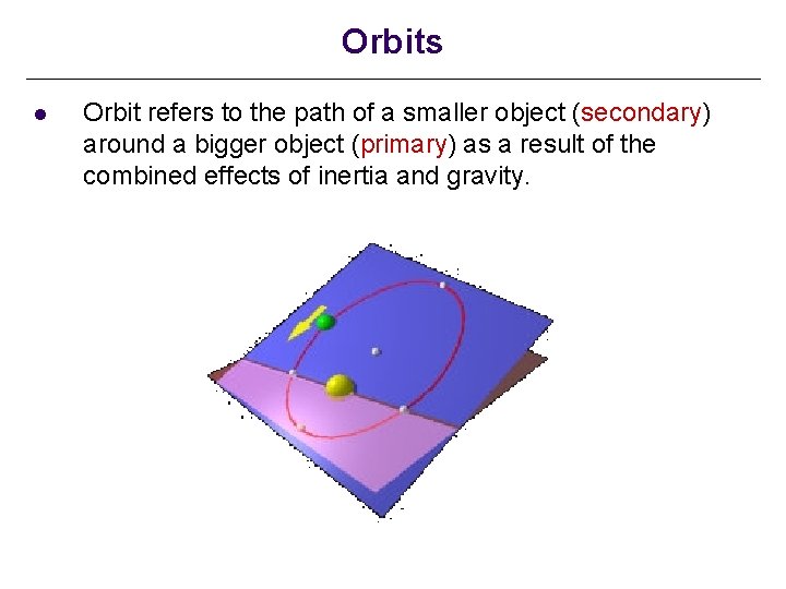 Orbits l Orbit refers to the path of a smaller object (secondary) around a