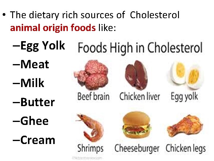  • The dietary rich sources of Cholesterol animal origin foods like: –Egg Yolk