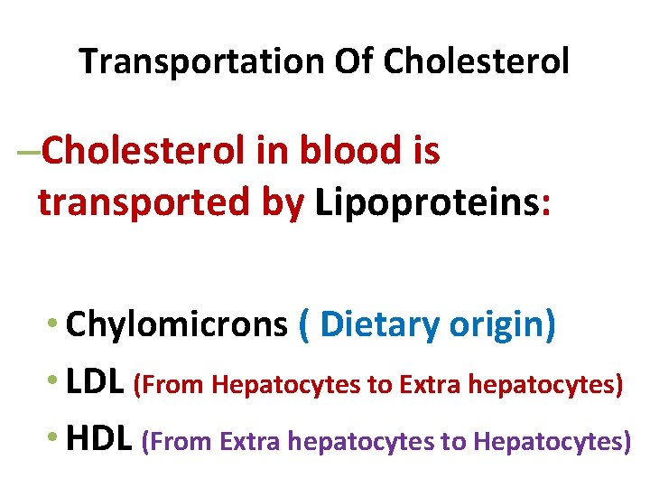 Transportation Of Cholesterol –Cholesterol in blood is transported by Lipoproteins: • Chylomicrons ( Dietary