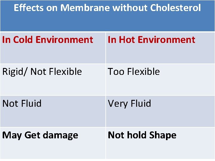 Effects on Membrane without Cholesterol In Cold Environment In Hot Environment Rigid/ Not Flexible