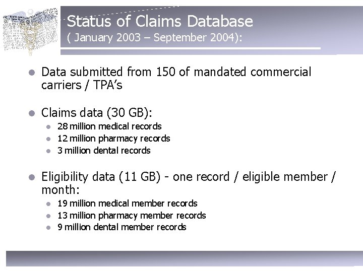 Status of Claims Database ( January 2003 – September 2004): l Data submitted from