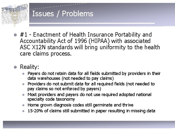 Issues / Problems l #1 - Enactment of Health Insurance Portability and Accountability Act