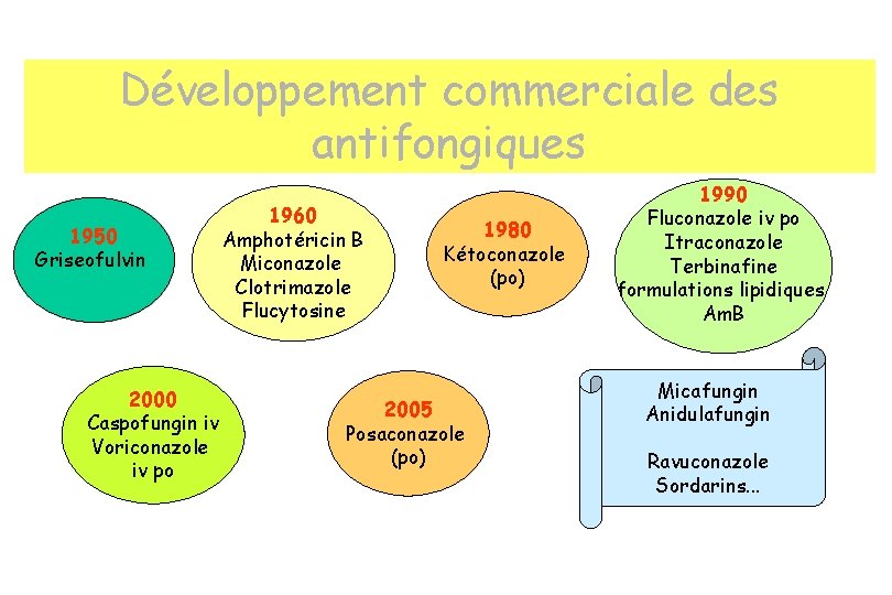 Développement commerciale des antifongiques 1950 Griseofulvin 2000 Caspofungin iv Voriconazole iv po 1960 Amphotéricin