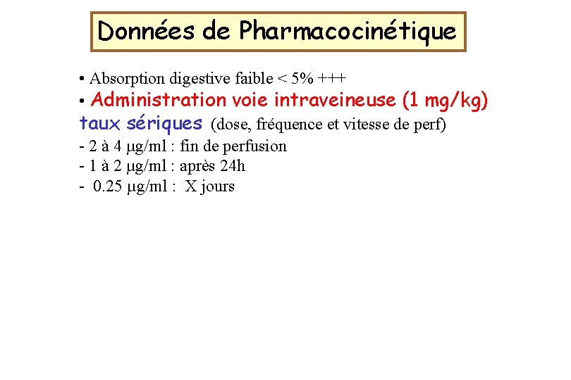 Données de Pharmacocinétique • Absorption digestive faible < 5% +++ • Administration voie intraveineuse