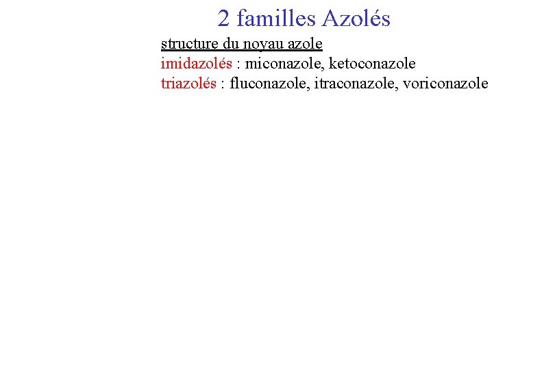  2 familles Azolés structure du noyau azole imidazolés : miconazole, ketoconazole triazolés :